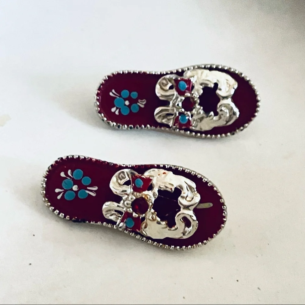 Vintage Red Flip Flops Gold Tone Rhinestone Italian Hand Painted Brooch